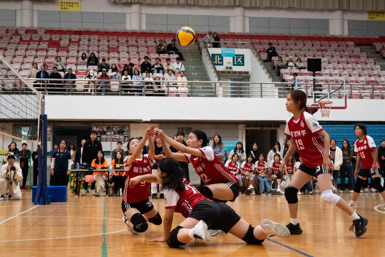 园艺林学98堂队员倒地合力救球（学通社记者 张湛琦 摄）